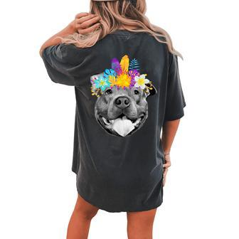 Cute Pitbull Face Tropical Flowers Floral Pittie Mom Women's Oversized Comfort T-Shirt Back Print | Mazezy