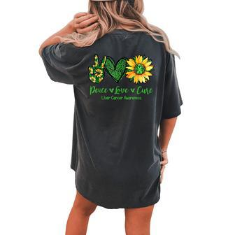 Daisy Flower Peace Love Cure Liver Cancer Awareness Month Women's Oversized Comfort T-Shirt Back Print | Mazezy