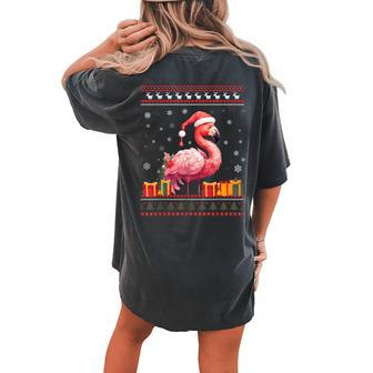 Flamingo Christmas Santa Hat Ugly Christmas Sweater Women's Oversized Comfort T-shirt Back Print - Seseable