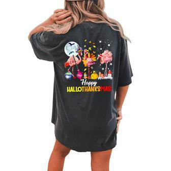 Flamingo Happy Hallothanksmas Halloween Thanksgiving Women's Oversized Comfort T-shirt Back Print - Monsterry