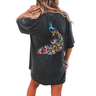 Floral Peacock Pattern Animal Bird Graphic Women's Oversized Comfort T-Shirt Back Print | Mazezy