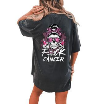 Fuck Breast Cancer Warrior Pink Ribbon Messy Bun Hair Women's Oversized Comfort T-shirt Back Print | Mazezy