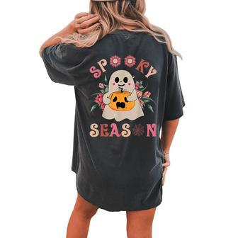 Groovy Spooky Season Cute Ghost Holding Pumpkin Halloween Women's Oversized Comfort T-shirt Back Print - Seseable