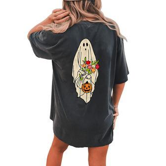 Halloween Costume Vintage Floral Ghost Pumpkin Graphic Women's Oversized Comfort T-shirt Back Print - Seseable