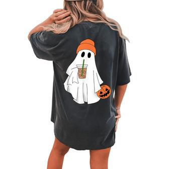 Halloween Ghost Drinking Coffee Ghost Ice Coffee Women's Oversized Comfort T-shirt Back Print - Monsterry UK
