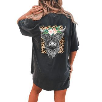 Highland Castle Leopard Flower Cow Western Cowhide Cowgirl Women's Oversized Comfort T-Shirt Back Print | Mazezy