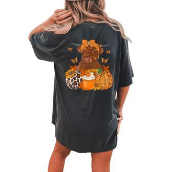 Highland Cow Fall And Leaves Pumpkins Autumn Thanksgiving Women's Oversized Comfort T-shirt Back Print - Monsterry