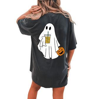 Iced Coffee Halloween Cute Little Ghost Pumpkin Costume Women's Oversized Comfort T-shirt Back Print - Monsterry AU