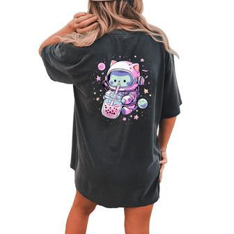 Kawaii Cat Bubble Boba Tea In Space Astronaut Anime Girls Women's Oversized Comfort T-shirt Back Print