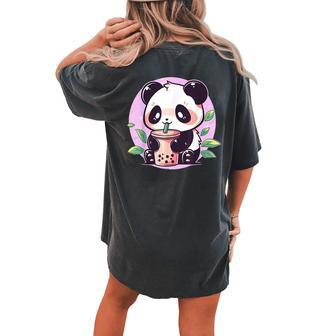 Kawaii Cute Anime Panda Drinking Bubble Boba Tea Girls Ns Women's Oversized Comfort T-shirt Back Print - Seseable