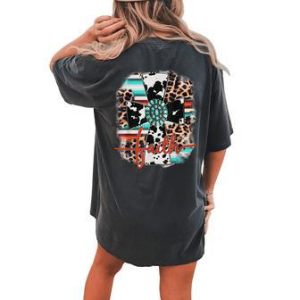 Leopard Serape Turquoise Leopard Western Faith Cross Cowgirl Women's Oversized Comfort T-Shirt Back Print | Mazezy