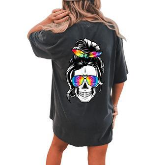 Messy Bun Skull Tie Dye Print Bandana For Mom Women's Oversized Comfort T-Shirt Back Print | Mazezy
