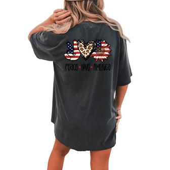 Peace Love America Leopard Sunflower Usa Flag 4Th Of July Women's Oversized Comfort T-Shirt Back Print | Mazezy