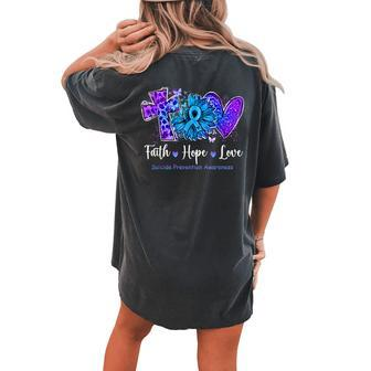 Peace Love Cure Teal & Purple Sunflower Suicide Awareness Women's Oversized Comfort T-Shirt Back Print | Mazezy
