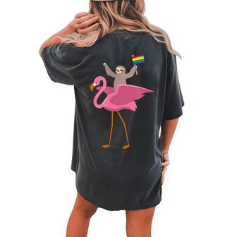 Pink Flamingo Gay Pride Riding Sloth Equality Lgbt Pride Women's Oversized Comfort T-Shirt Back Print | Mazezy