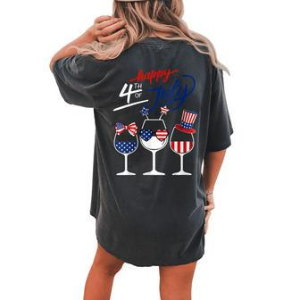 Red White Blue Wine Glass Usa Flag Happy 4Th Of July Women's Oversized Comfort T-Shirt Back Print | Mazezy