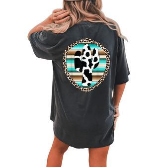 Serape Cow Print Cactus Leopard Print Turquoise Brown Women's Oversized Comfort T-Shirt Back Print | Mazezy