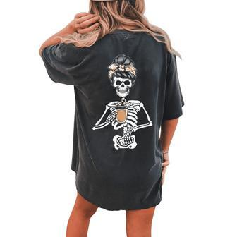 Skeleton Messy Bun Coffee Drinking Halloween Costume Women's Oversized Comfort T-shirt Back Print - Monsterry UK