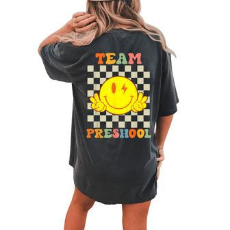 Team Preschool Smile Face Retro Groovy Back To School Women's Oversized Comfort T-shirt Back Print - Seseable