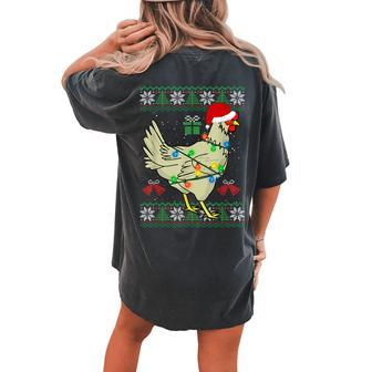 Ugly Christmas Chicken Sweater Santa Hat Lights Women's Oversized Comfort T-shirt Back Print - Seseable