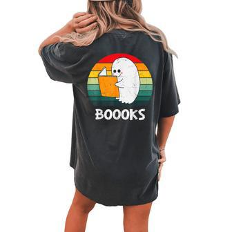 Vintage Halloween Booooks Cute Ghost Reading Books Teacher Women's Oversized Comfort T-shirt Back Print - Seseable