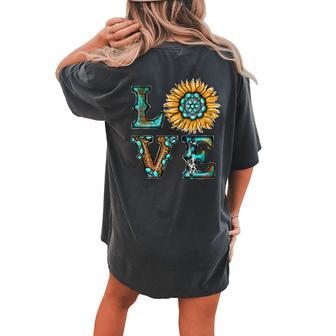 Western Country Boho Turquoise Love Sunflower Rodeo Cowgirl Women's Oversized Comfort T-Shirt Back Print | Mazezy