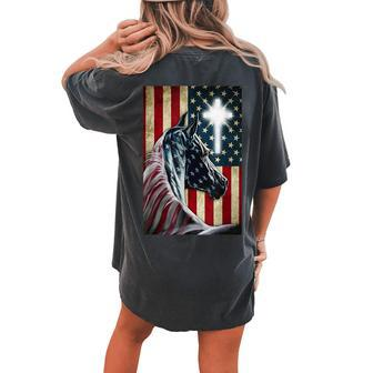 Western Cowboy Cowgirl Patriot Horse Jesus Cross Usa Flag Women's Oversized Comfort T-Shirt Back Print | Mazezy