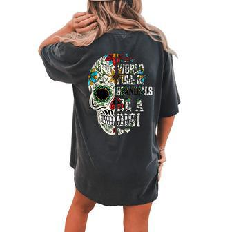 In A World Full Of Grandmas Be A Gigi Skull Tattooed Floral Women's Oversized Comfort T-Shirt Back Print | Mazezy