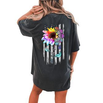 Zero Lucks Given Sunflower Skull American Flag Plus Size Women's Oversized Comfort T-Shirt Back Print | Mazezy