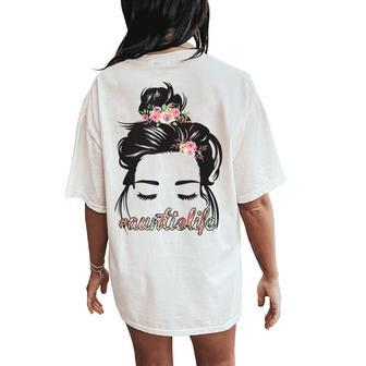 Curly Hair Messy Bun Flowers Auntie Life Women's Oversized Comfort T-Shirt Back Print | Mazezy