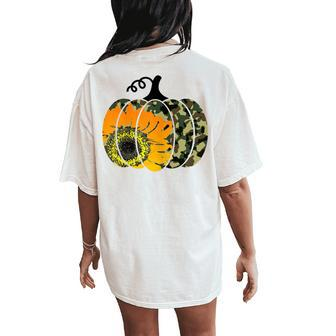 Cute Thanksgiving For Wife Pumpkin Camouflage Sunflower Women's Oversized Comfort T-Shirt Back Print | Mazezy