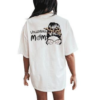 Cute Volleyball Mom Leopard Print Messy Bun Women's Oversized Comfort T-Shirt Back Print | Mazezy