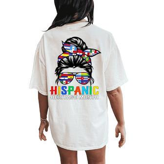 National Hispanic Heritage Month Latin Flags Messy Bun Women's Oversized Comfort T-Shirt Back Print | Mazezy