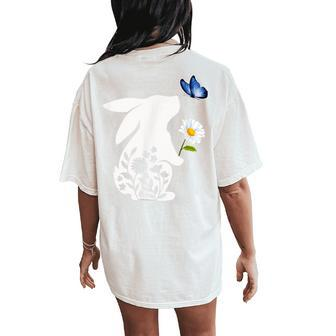 Sweet Bunny Rabbit Holding Daisy With Butterfly Easter Women's Oversized Comfort T-Shirt Back Print | Mazezy