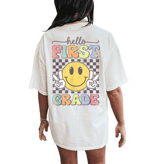 1St Grade Team Back To School Hello First Grade Smile Face Women's Oversized Comfort T-Shirt Back Print - Seseable