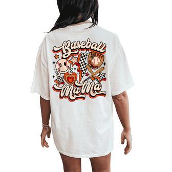 Baseball Mama Retro Groovy Baseball Softball Mom Smile Face Women's Oversized Comfort T-Shirt Back Print - Seseable