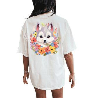 Cute Baby Wolf Animal Wild Fall Flowers In Pastel Colors Women's Oversized Comfort T-Shirt Back Print | Mazezy