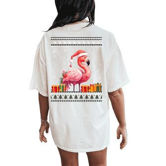 Flamingo Christmas Santa Hat Ugly Christmas Sweater Women's Oversized Comfort T-Shirt Back Print - Monsterry