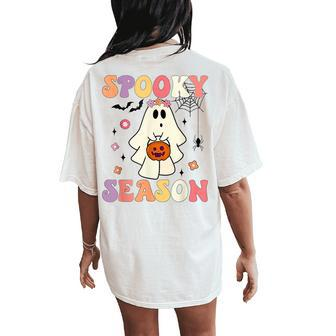 Groovy Halloween Ghost Holding Pumpkin Spooky Season Women's Oversized Comfort T-Shirt Back Print | Mazezy