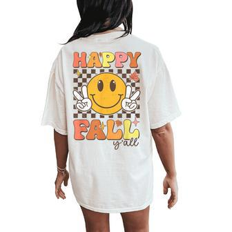 Happy Fall Y'all Retro Smile Face Thanksgiving Autumn Lovers Women's Oversized Comfort T-Shirt Back Print - Seseable