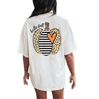 Hello Fall Yall Leopard Pumpkin Heart Happy Thanksgiving Women's Oversized Comfort T-Shirt Back Print - Thegiftio UK
