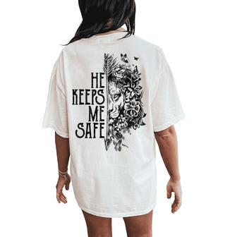 He Keeps Me Safe Lion Floral Women's Oversized Comfort T-Shirt Back Print | Mazezy