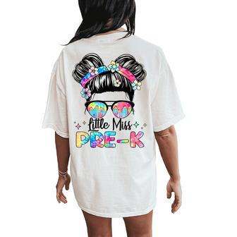 Little Miss Pre-K Back To School Cute Messy Bun Girls Women's Oversized Comfort T-Shirt Back Print | Mazezy
