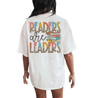 Readers Are Leaders Boho Leopard Book Lover Back To School Women's Oversized Comfort T-Shirt Back Print - Seseable