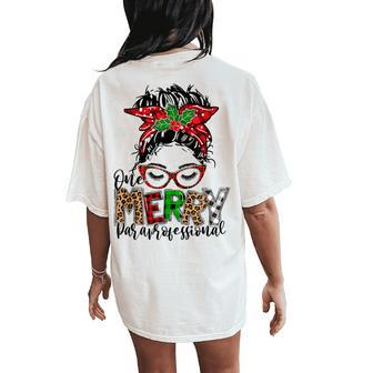 Red Plaid Merry Paraprofessional Messy Bun Para Christmas Women's Oversized Comfort T-Shirt Back Print | Mazezy