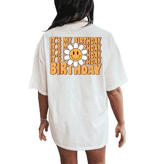Retro My Birthday Groovy Birthday Flower Ns Girls Women's Oversized Comfort T-Shirt Back Print - Seseable