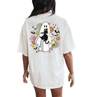 Retro Boo Flower Ghost Halloween Black Cat Girl Women's Oversized Comfort T-Shirt Back Print - Seseable