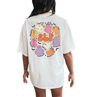 Retro Slp Ghost Halloween Speech Therapy Autumn Fall Women's Oversized Comfort T-Shirt Back Print - Seseable