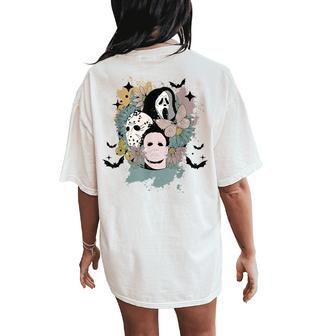 Retro Vintage Floral Horrors Movies Characters Halloween Women's Oversized Comfort T-Shirt Back Print - Monsterry