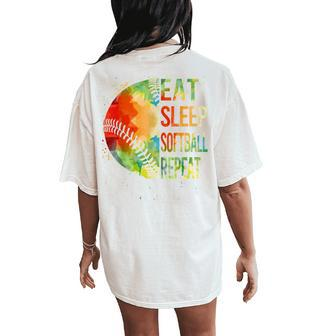 Softball- Eat Sleep Softball Repeat Pitcher Girls Women's Oversized Comfort T-Shirt Back Print | Mazezy